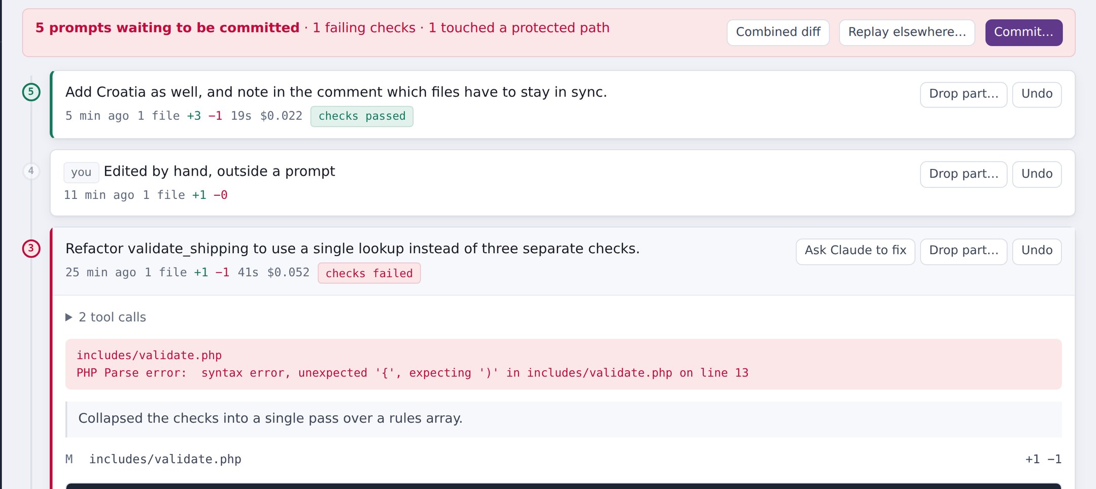 Timeline entries: one passing its checks, one tagged as a hand edit, and one failing with the PHP parse error shown beneath it.